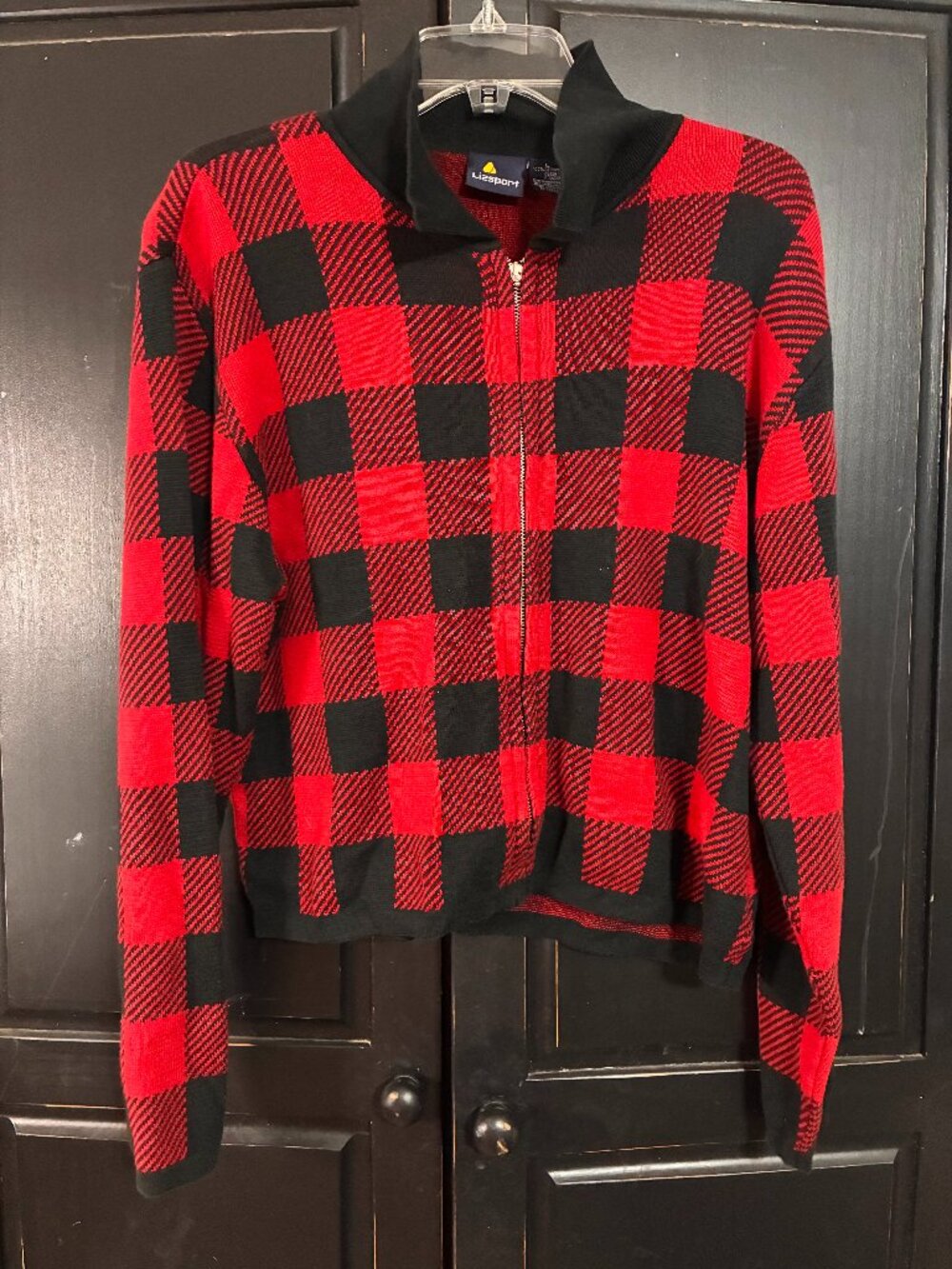 Vintage 80s 90s Liz Sport Cropped Sweater Jacket Plaid Cotton L Cottage Cabin